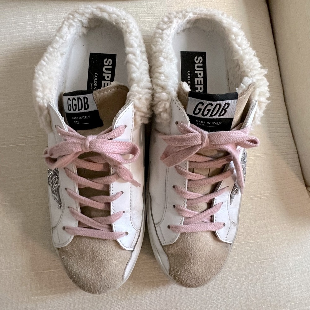 Authentic Golden Goose Superstar slides.